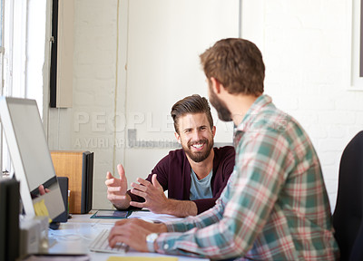 Buy stock photo Smile, business and men on computer in office for research, planning and ideas as web designer with manager. People, creative and pc for teamwork, brainstorming and feedback review of project update