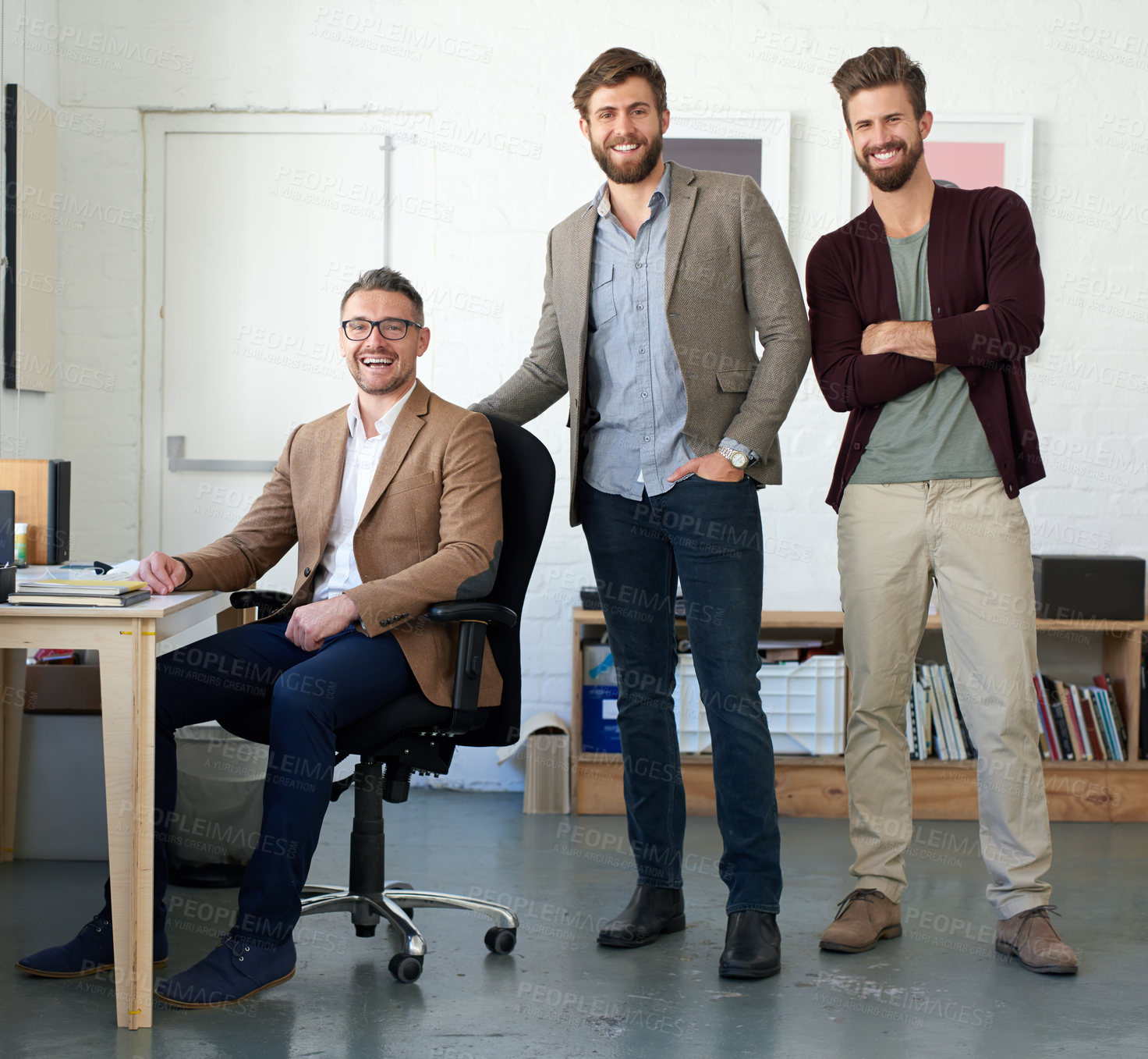 Buy stock photo Business people, men and teamwork portrait in office with career confidence, startup pride and happy. Collaboration, designer and smile at advertising agency for project management and partnership