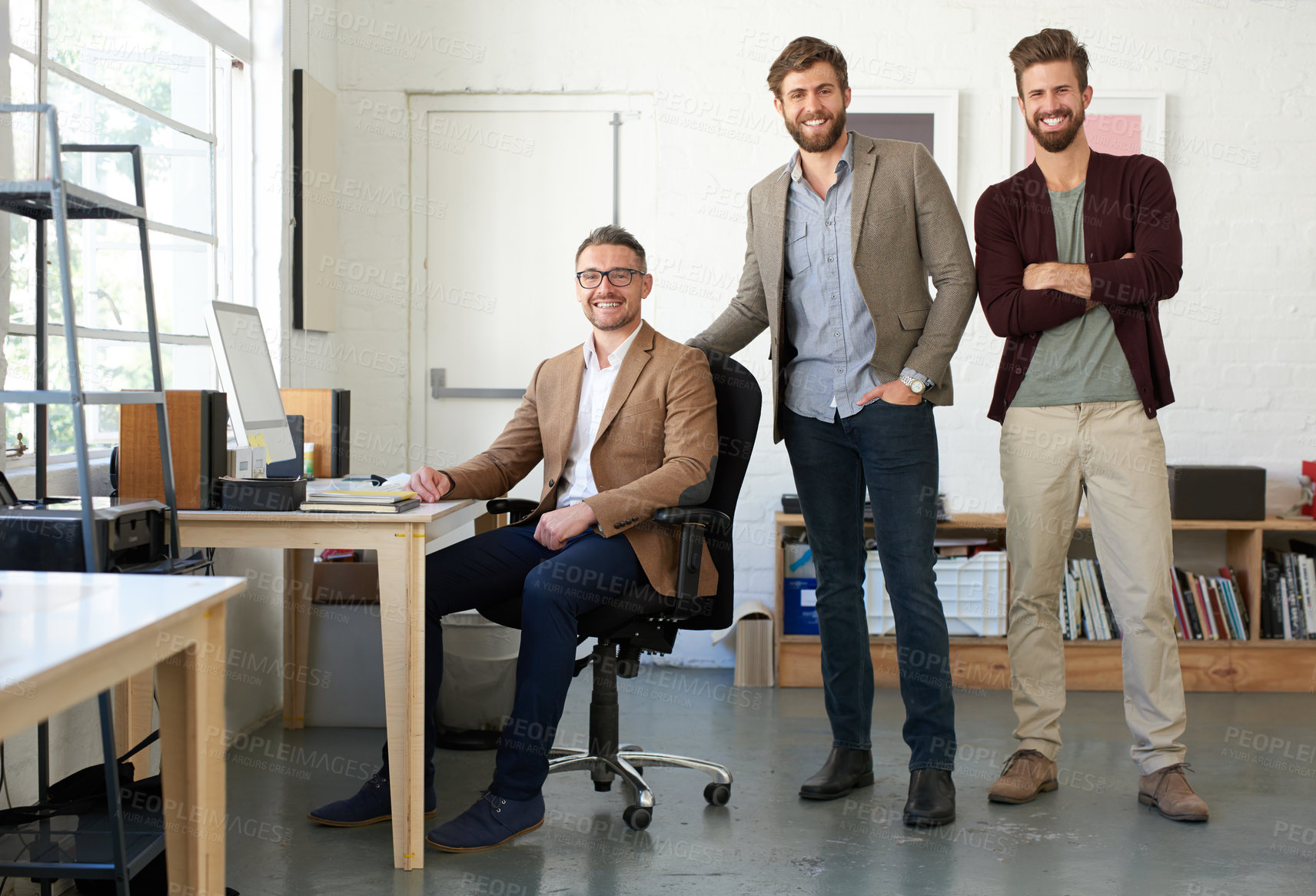 Buy stock photo Creative agency, business people and colleagues in portrait for teamwork, branding project or startup. Office, men or graphic designers with confident, pride and collaboration in workplace with smile