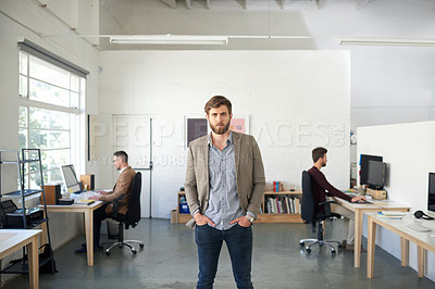 Buy stock photo Cropped image of a businessman standing in the middle of a bright contemporary office space