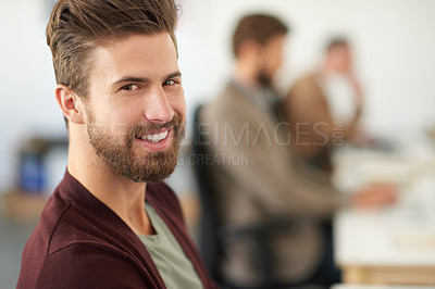 Buy stock photo Design, portrait and smile with employee man in office for artistic or creative career as developer. Beard, confident and happy with face of business person in workplace for prject management