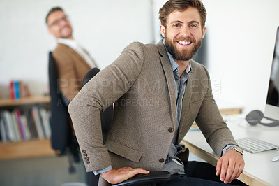 Buy stock photo Employee, man and happy on portrait in office with pride for career, job growth and graphic designer. Workplace, creativity and smile or satisfied with startup company, business and opportunity