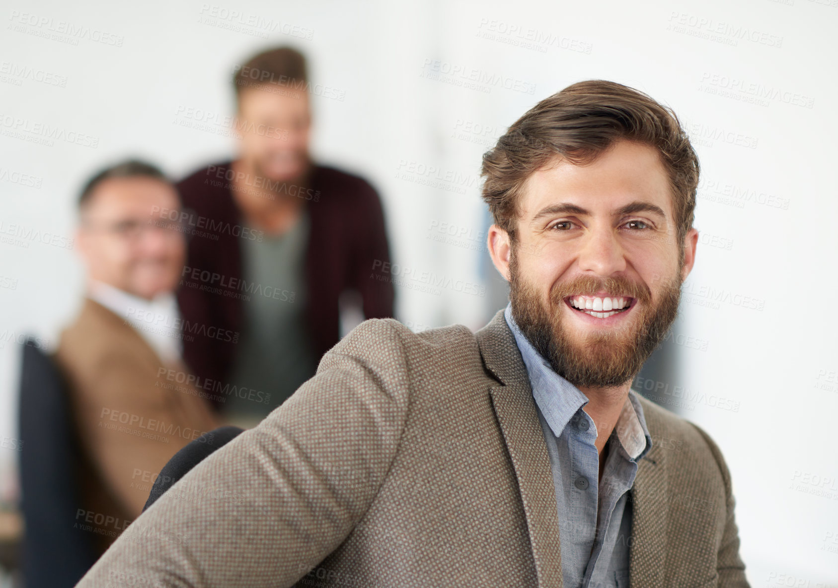Buy stock photo Man, portrait and smile for creative employee in workplace with graphic designer in modern office or startup. Cool, businessman and small business with confidence, happiness and entrepreneurship
