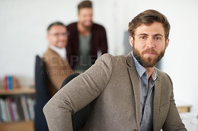 Buy stock photo Businessman, proud and portrait in office, table and coworking of colleagues, reporter and writer. Face, working and entrepreneur in company, journalist and serious with confidence in startup