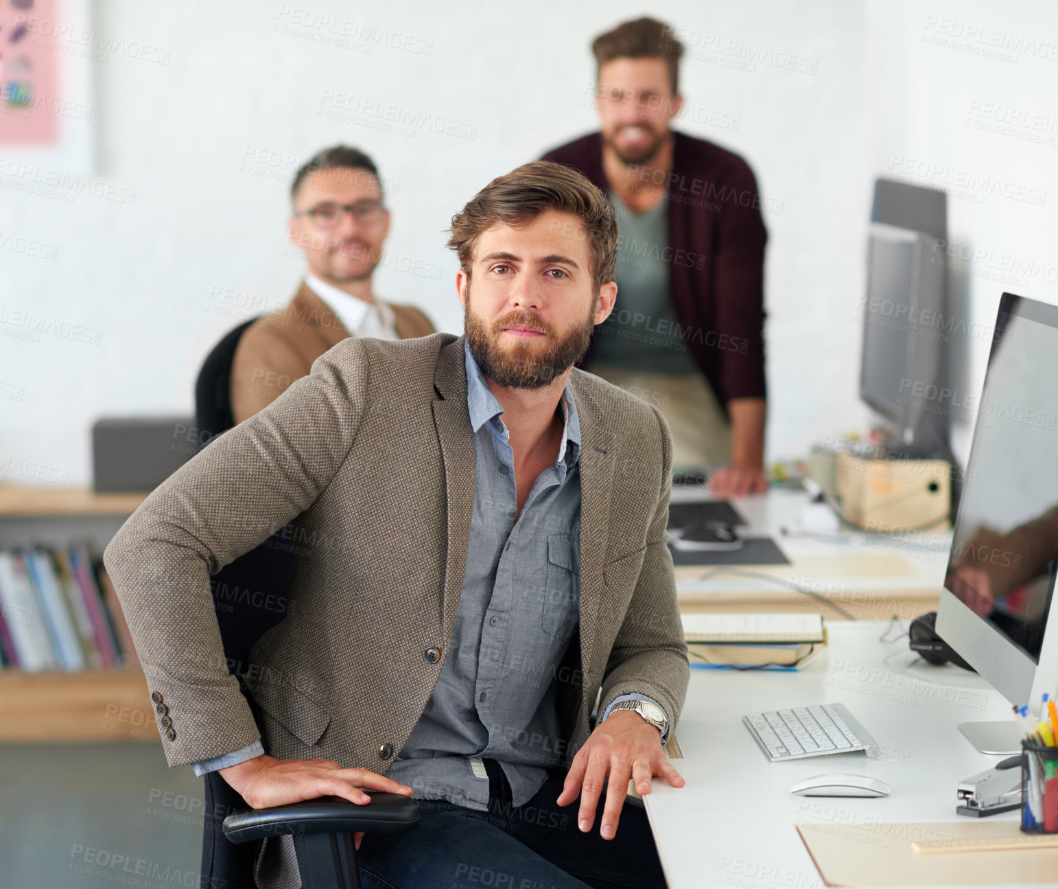 Buy stock photo Man, confident and portrait in office, writer and coworking of colleagues, reporter and professional. Face, proud and entrepreneur in company, journalist and online in startup or creative in computer