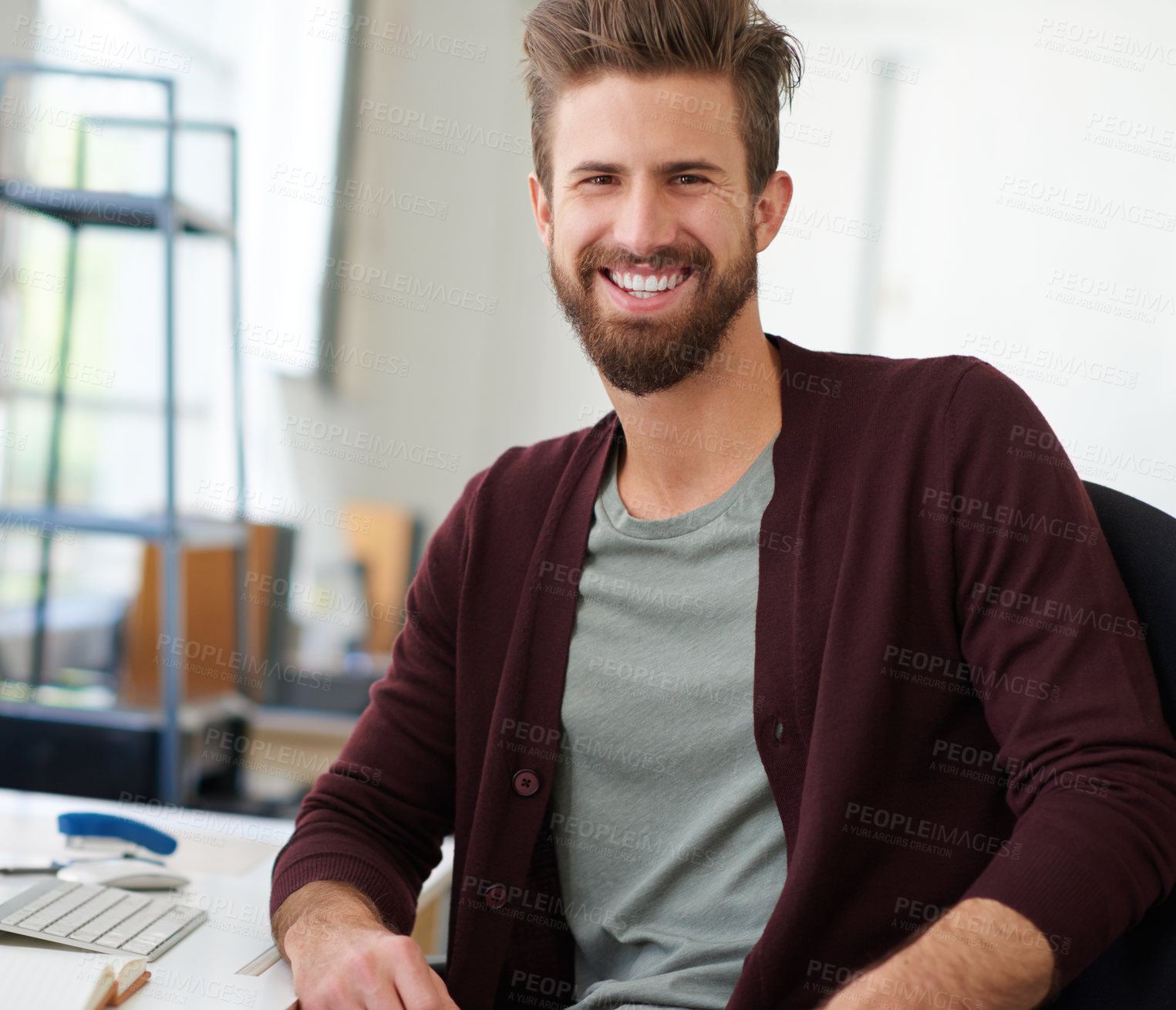 Buy stock photo Startup, portrait and creative man in office for pride, career and success in workplace. Smile, male designer and happiness at desk for project, small business and company job in design agency