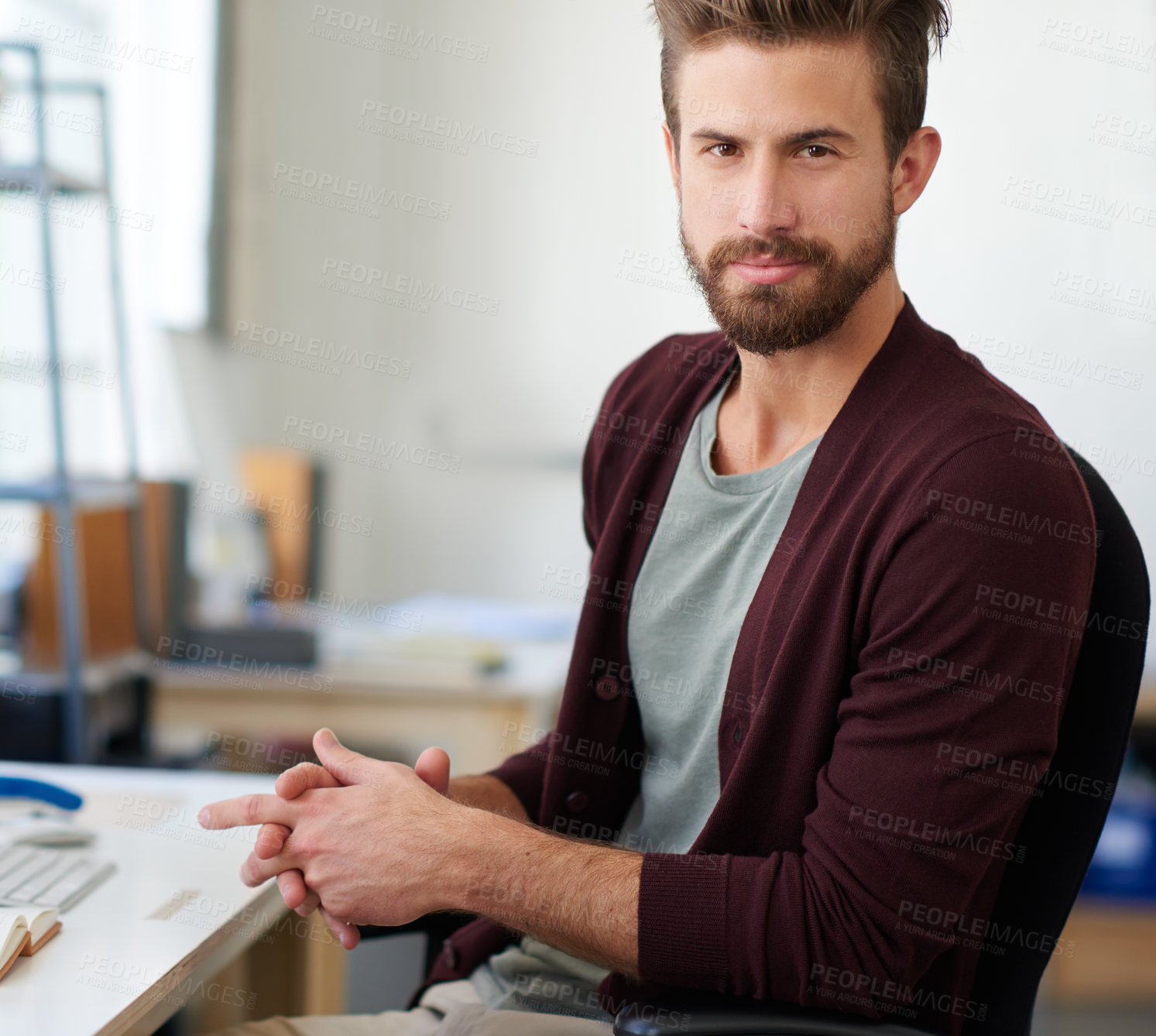 Buy stock photo Portrait, creative and man in office, startup and UI designer with confidence, working and desk. Project, face and person with pride, ambition and employee in design agency, deadline and business
