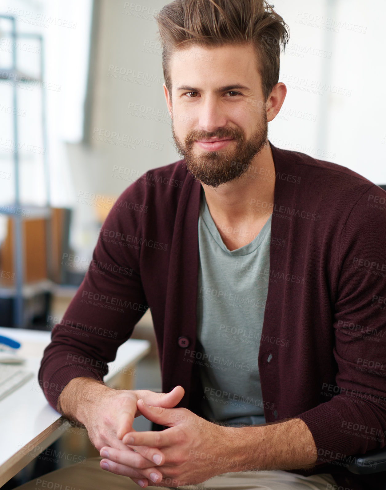 Buy stock photo Employee, man and confident on portrait in office with pride for career, job growth and graphic designer. Workplace, creativity and smile or satisfied with startup company, business and opportunity