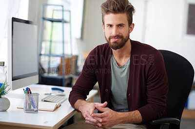 Buy stock photo Employee, man and smile on portrait in office with pride for career, job growth and graphic designer. Workplace, creativity and confident or satisfied with startup company, business and opportunity