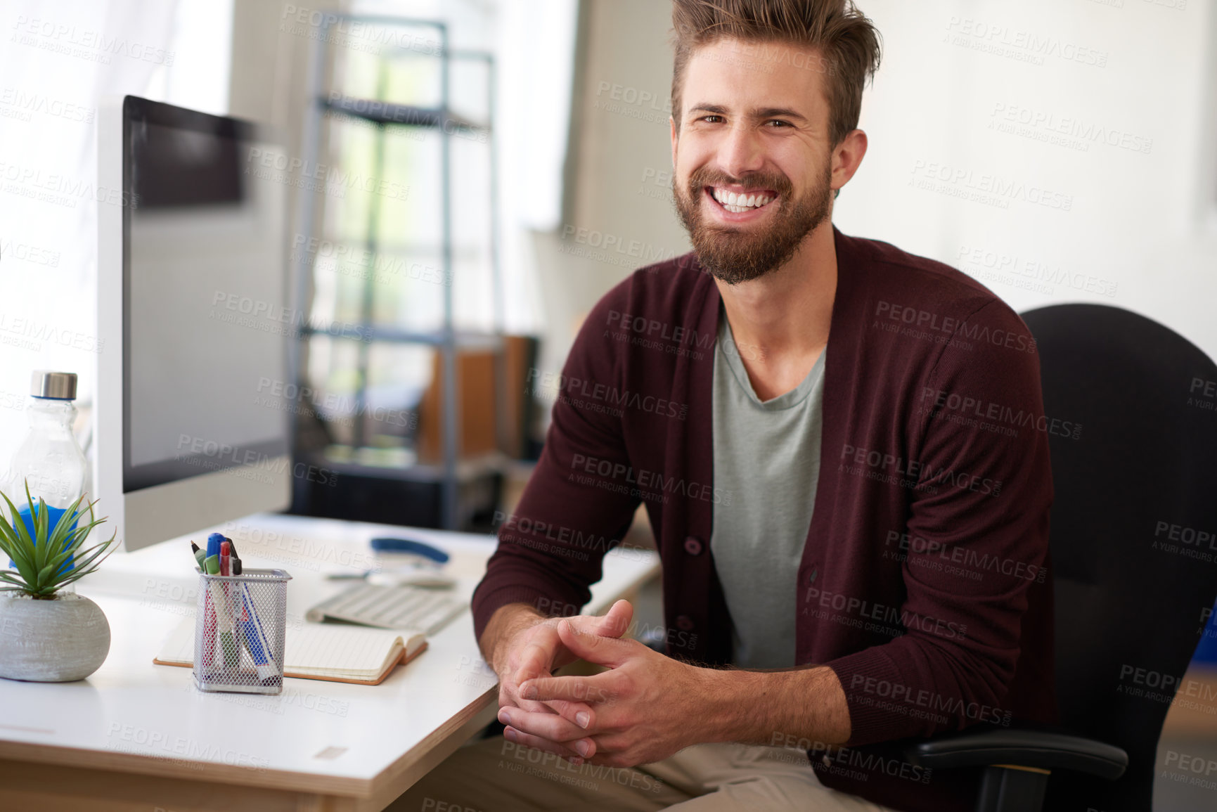 Buy stock photo Portrait, creative man or computer at desk for startup, project management or success in office. Happy, male designer or pride in workplace for career, small business or professional in design agency