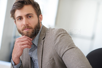 Buy stock photo Assertive, businessman and serious in portrait in office, startup project and management by workspace. Creative agency, male graphic designer and confidence for career, planning and professional job