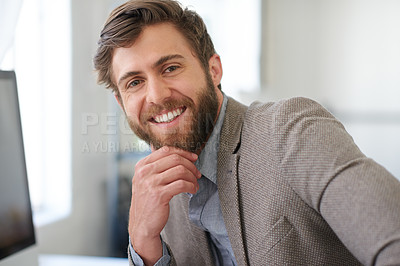 Buy stock photo Pride, businessman and portrait with smile in office, startup project and management by workspace. Creative agency, male graphic designer and confidence for career, planning and professional job 