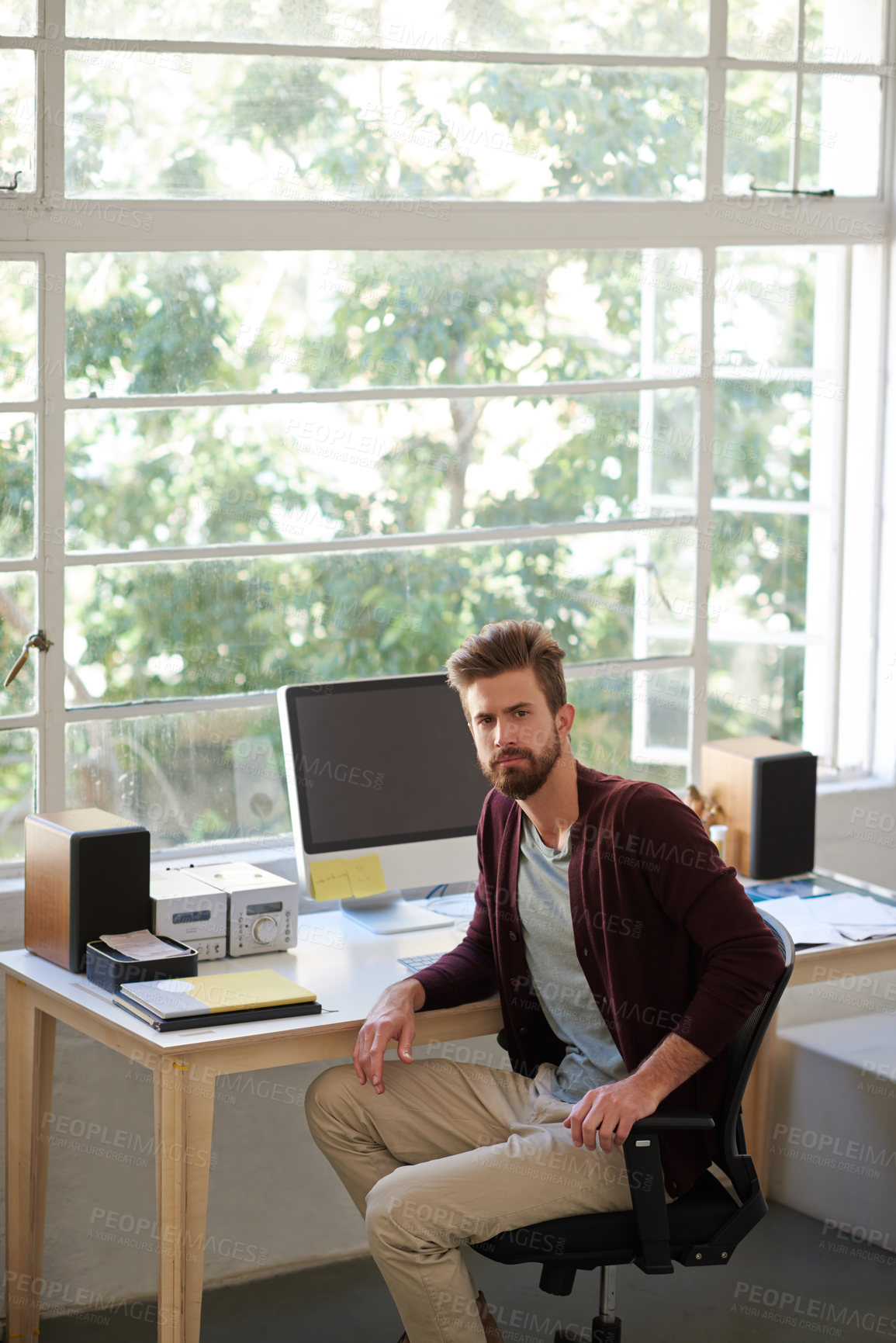 Buy stock photo Computer, creative and portrait of man in home office with confidence, business plan and online project research. Professional, pride and freelance consultant at desk with remote work in web design