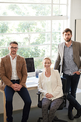 Buy stock photo Business people, happy and teamwork portrait in office with career confidence, startup pride or creative. Collaboration, designer and smile at advertising agency for project management or partnership