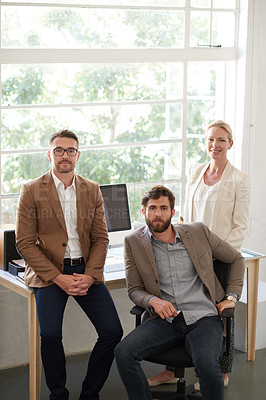 Buy stock photo Business people, smile and teamwork portrait in office with career confidence, startup pride or creative. Collaboration, designer and happy at advertising agency for project management or partnership