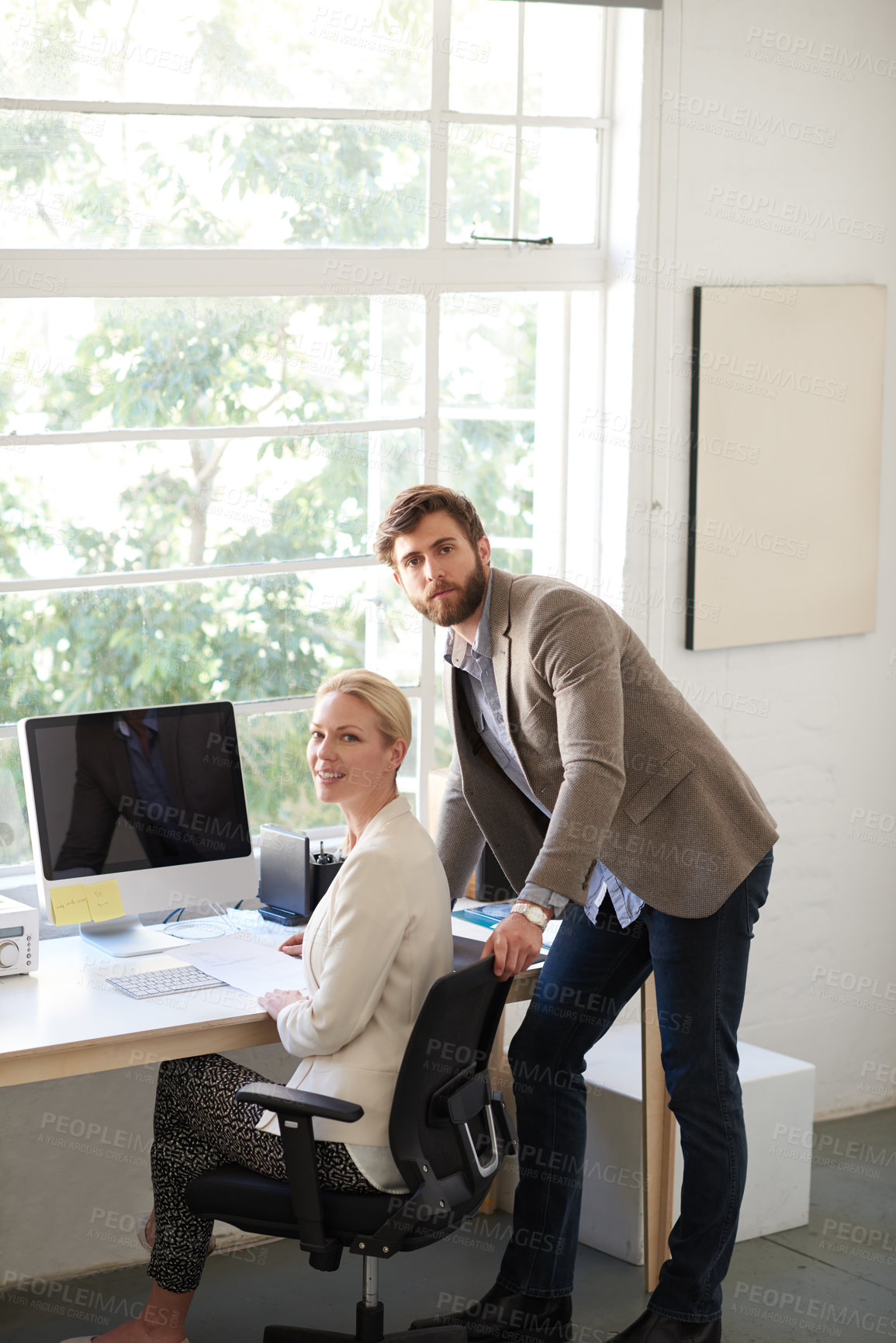 Buy stock photo Portrait, woman and man on computer in office for research, planning and ideas as web designer with manager. People, mentor and pc for teamwork, brainstorming and feedback review of project update