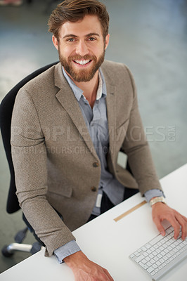 Buy stock photo Businessman, portrait and smile in modern office or startup with graphic designer for creative employee in workplace. Cool, man and small business with confidence, happiness and entrepreneurship