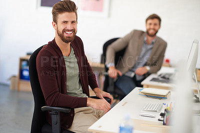 Buy stock photo Portrait of a smiling businessman with a colleague in the background
