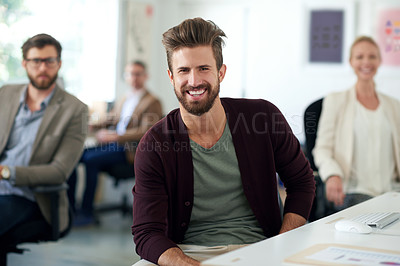 Buy stock photo Businessman, portrait and happy creative in office with career confidence, startup pride and coworking workplace. Professional, designer and smile at advertising agency for project management at desk