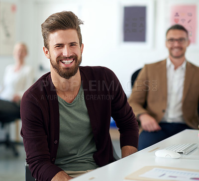 Buy stock photo Businessman, portrait and smile in small business or startup with graphic designer for creative employee in workplace. Cool, man and coworking office with confidence, happiness and entrepreneurship