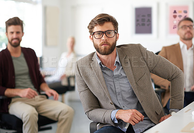 Buy stock photo Creative team, confidence and men in portrait for startup, join us or collaboration in office. Male designers, group and hiring in workplace for success, small business and onboarding or recruitment