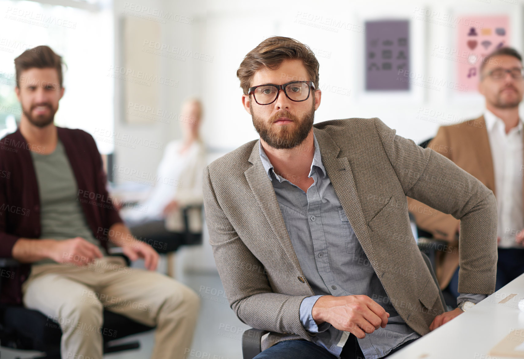 Buy stock photo Creative team, confidence and men in portrait for startup, join us or collaboration in office. Male designers, group and hiring in workplace for success, small business and onboarding or recruitment