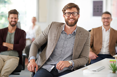 Buy stock photo Man, portrait and startup office with glasses for business, creative manager or design company. Group, collaboration or workplace with entrepreneur for website development, technology for online app