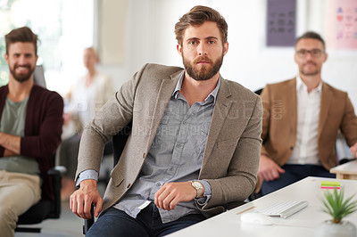 Buy stock photo Man, portrait and startup office with serious face for creative business, manager or design company. Group, collaboration or workplace with entrepreneur for website development, tech for online app