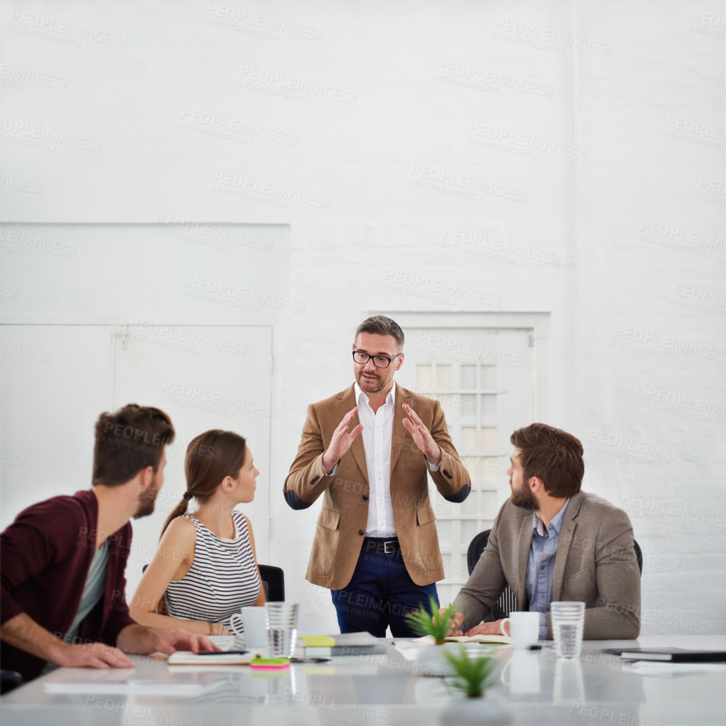 Buy stock photo Business people, meeting and discussion in boardroom for strategy for project updates, information and client feedback. Teamwork, conversation and creative ideas for website design, apps and report.