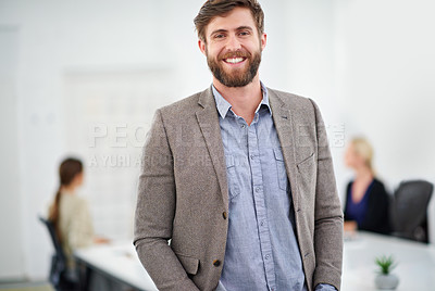 Buy stock photo Happy, portrait and businessman with meeting in office for partnership, collaboration and seminar. Employee, workshop and corporate training with pride for company, management and sales planning
