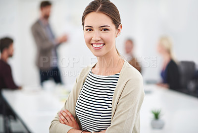 Buy stock photo Smile, designer and girl with portrait in office for career in media industry, broadcasting and content creation. Female employee, arms crossed and face of creative agency in multimedia for startup.