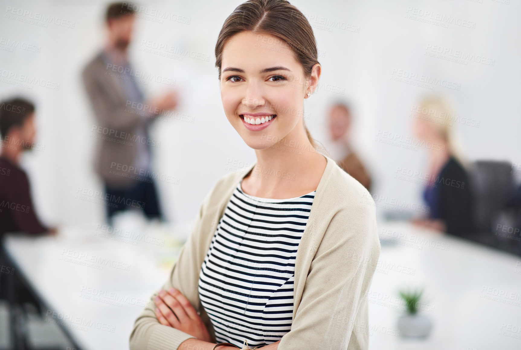 Buy stock photo Smile, designer and girl with portrait in office for career in media industry, broadcasting and content creation. Female employee, arms crossed and face of creative agency in multimedia for startup.