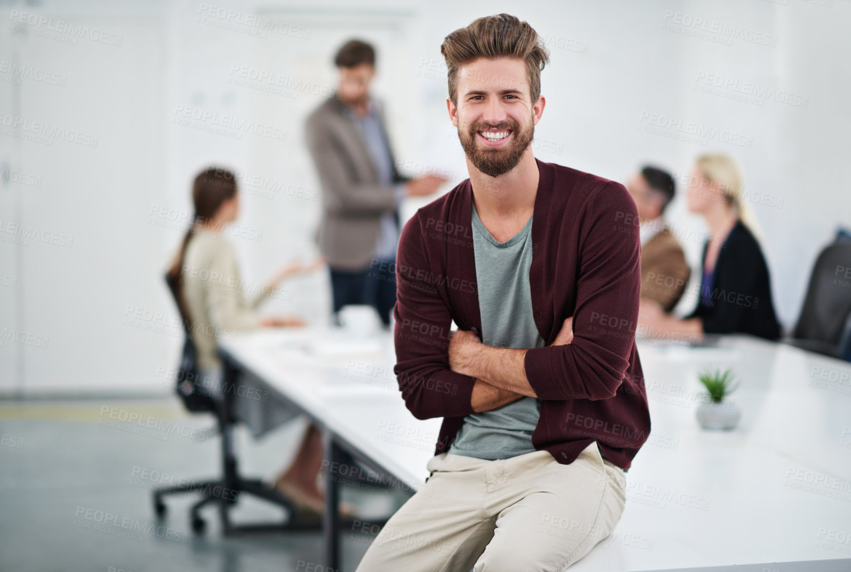 Buy stock photo Business, man and portrait in office with creative people, happy employee and company goals with vision for growth. Coworking, workplace and meeting discussion, project manager and male person