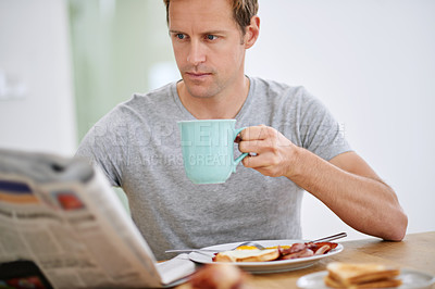 Buy stock photo Morning, breakfast and newspaper with man reading for current events with coffee at dining table. Breaking news, food and weekend with nutrition, entertainment and headline story in Canadian home.