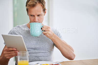 Buy stock photo Happy, man and breakfast with tablet at table for morning routine with entertainment and social media at home. Web, male person and food for rest on vacation with tech for connection for streaming