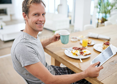 Buy stock photo Happy, man and breakfast with tablet at table for rest, relax and entertainment on weekend or holiday at hotel. Smile, male person and tech with room service food for luxury hospitality experience