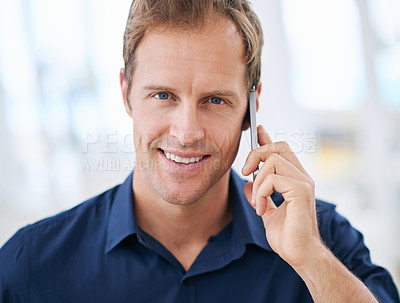 Buy stock photo Portrait, happy man or phone call in home talking or speaking in living room for communication or chat. Smile, news and male person with mobile in conversation to relax in apartment or house on break
