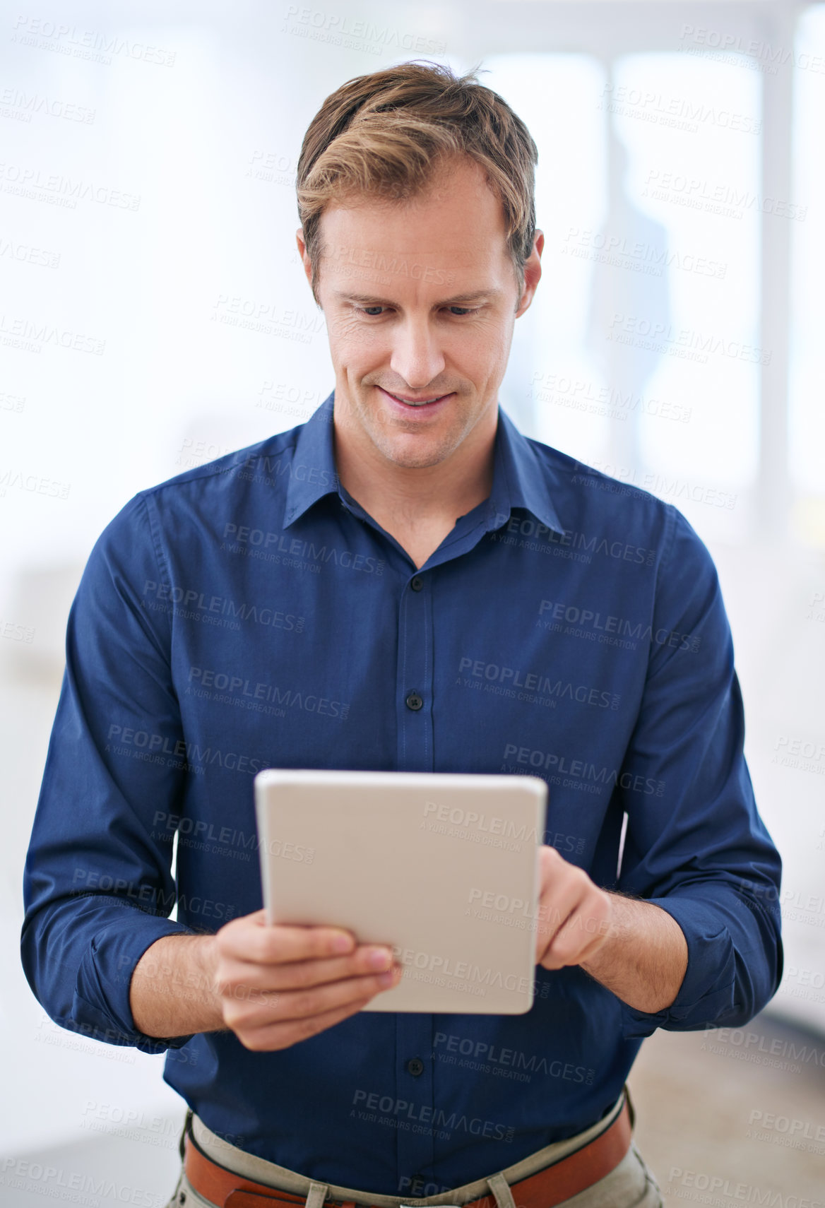 Buy stock photo Tablet, businessman and typing for communication and online, digital or email in office. Technology, touchscreen and internet search for attorney person, research or website for networking with smile