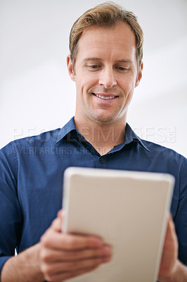 Buy stock photo Tablet, businessman and typing for communication and online, digital or email in office. Technology, touchscreen and internet search for attorney person, research or website for networking with smile