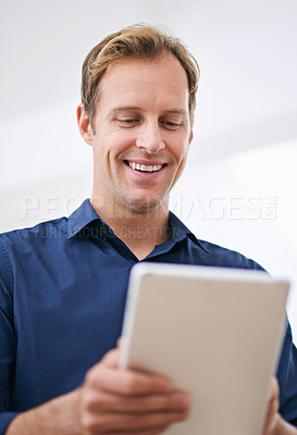 Buy stock photo Tablet, businessman and typing for communication and online, digital or email in office. Technology, touchscreen and internet search for attorney person, research or website for networking with smile