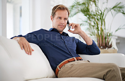 Buy stock photo Sofa, businessman or phone call in house talking or speaking for communication or discussion. Thinking, news and entrepreneur on mobile chat in conversation to relax in remote work or home on break
