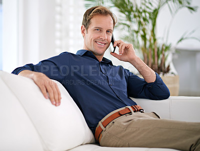 Buy stock photo Portrait, happy businessman and phone call in house talking and speaking for communication or discussion. Smile, news and entrepreneur on mobile chat in conversation to relax in remote work 