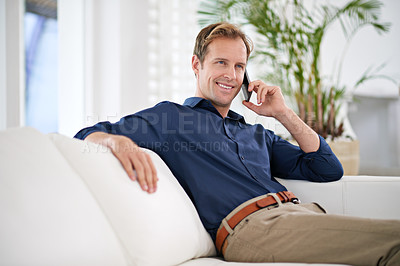 Buy stock photo Thinking, happy businessman and phone call in house talking and speaking for communication or discussion. Smile, news and entrepreneur on mobile chat in conversation to relax in remote work break