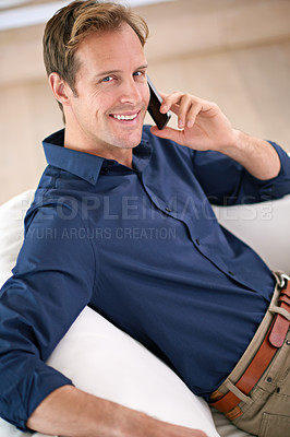 Buy stock photo Portrait, happy man and phone call to relax in home for talking, speaking and communication. Smile, news or confident male entrepreneur on mobile chat in conversation in house for remote work break