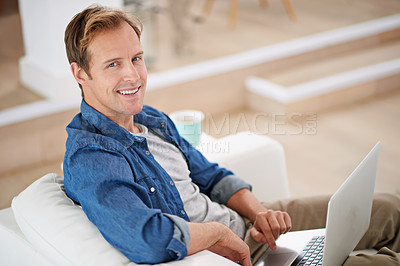 Buy stock photo Man, portrait and laptop on sofa for email, scroll and search for  news online on couch. Technology, internet and social media for ecommerce in home, male person and living room for relax and network