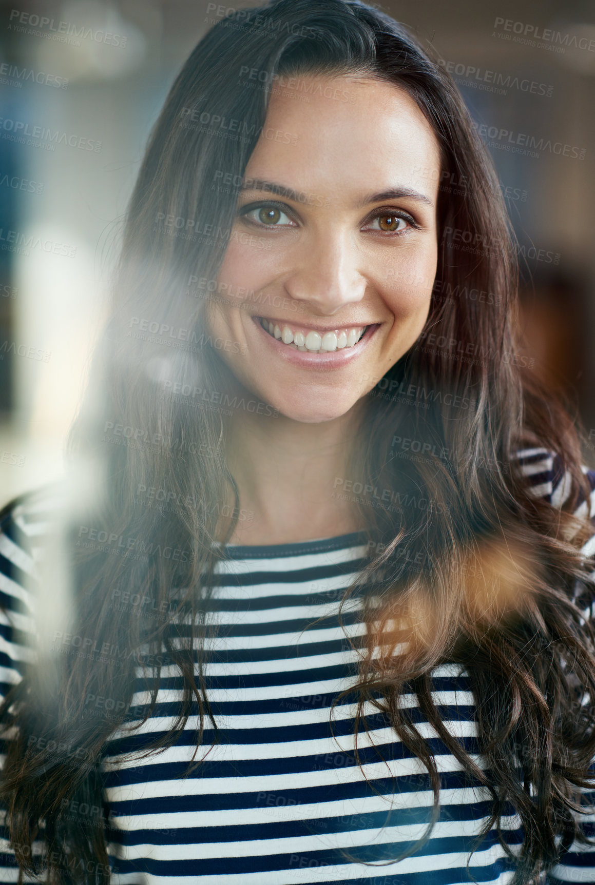 Buy stock photo Smile, thinking and woman by window in office for planning, ideas or brainstorming for project. Happy, career and creative designer with memory, reflection or nostalgia by glass door in workplace.