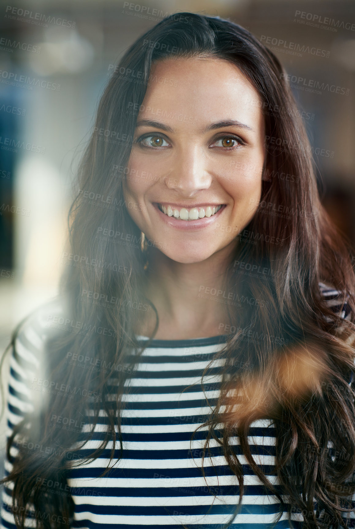 Buy stock photo Happy, thinking and woman by window in office for planning, ideas or brainstorming for project. Smile, career and creative designer with decision, reflection or remember by glass door in workplace.