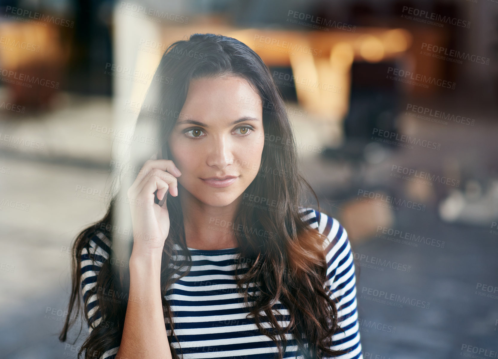 Buy stock photo Phone call, startup or woman thinking in office talking for ideas, conversation or deal communication. Discussion, listening and casual entrepreneur daydreaming of investment, negotiation or news