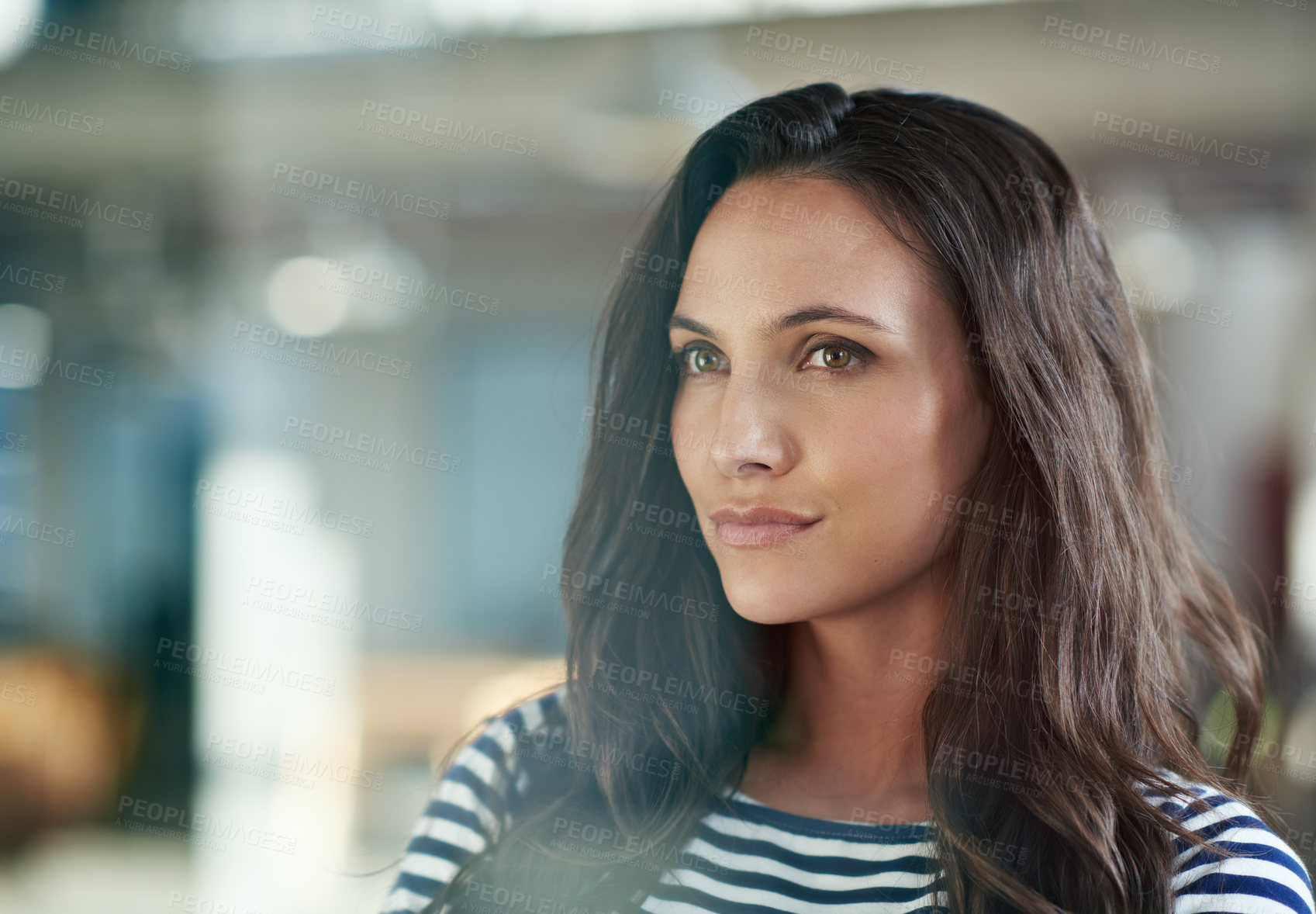 Buy stock photo Thinking, remember or businesswoman with inspiration, ideas or future in office or startup company. Designer, reflection or entrepreneur daydreaming in workplace for decision, opportunity or choice 