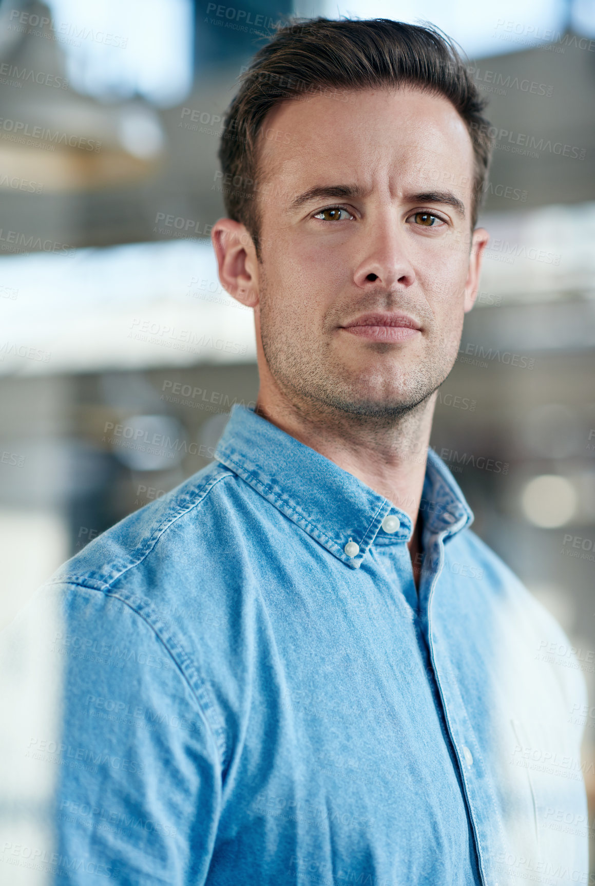 Buy stock photo Professional, businessman and portrait at window in office with confident realtor or developer. Serious, consultant and real estate agent in workplace with advice for mortgage, investment or property